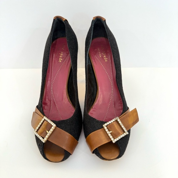 Kate Spade Black Felt Fabric Leather Rhinestone Office Open Toe Heels Size 6 B - Picture 2 of 10